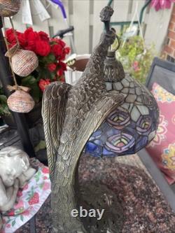 Tiffany Style Peacock Lamp Stained Glass Shade Jeweled Tail Vintage READ