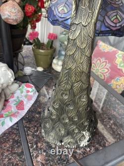 Tiffany Style Peacock Lamp Stained Glass Shade Jeweled Tail Vintage READ