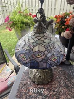 Tiffany Style Peacock Lamp Stained Glass Shade Jeweled Tail Vintage READ