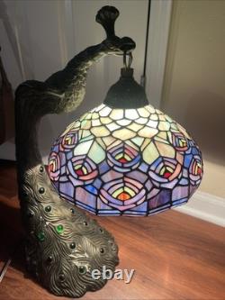 Tiffany Style Peacock Lamp Stained Glass Shade Jeweled Tail Vintage READ