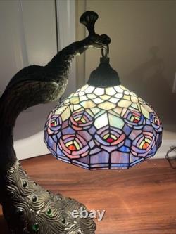 Tiffany Style Peacock Lamp Stained Glass Shade Jeweled Tail Vintage READ