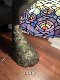Tiffany Style Peacock Lamp Stained Glass Shade Jeweled Tail Vintage READ