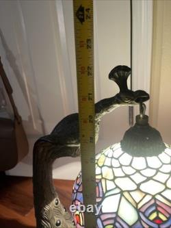 Tiffany Style Peacock Lamp Stained Glass Shade Jeweled Tail Vintage READ