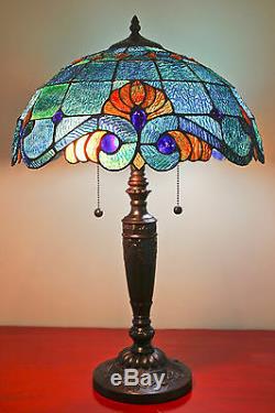 Tiffany Style Stained Glass Blue Vintage Table Lamp 2 Light 16 Shade New