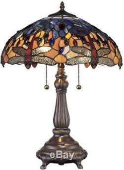 Tiffany Style Table Lamp Stained Glass Dragonfly Handcrafted Vintage Light Shade