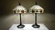 Tiffany-style Vintage Pair Mission Stained Glass Shades / Black Metal Base Lamps