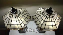 Tiffany-Style Vintage Pair Mission Stained Glass Shades / Black Metal Base Lamps