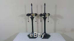 Tiffany-Style Vintage Pair Mission Stained Glass Shades / Black Metal Base Lamps