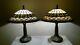 Tiffany-style Vintage Pair Of Geometric Stained Glass Shades / Metal Base Lamps