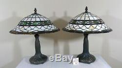 Tiffany-Style Vintage Pair of Geometric Stained Glass Shades / Metal Base Lamps