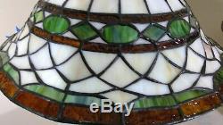 Tiffany-Style Vintage Pair of Geometric Stained Glass Shades / Metal Base Lamps