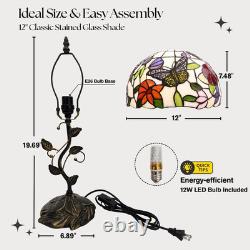 Tiffany Table Lamp, 12 Butterfly Flower Handmade Stained Glass Lamp Shade, Vint