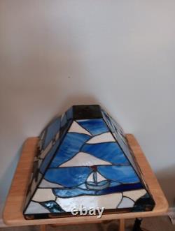 Triangular Vintage Stain Glass Shade Light House Sail Boat Blue White Green Tan
