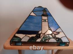 Triangular Vintage Stain Glass Shade Light House Sail Boat Blue White Green Tan