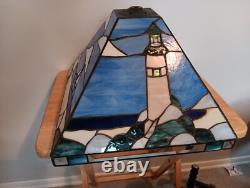 Triangular Vintage Stain Glass Shade Light House Sail Boat Blue White Green Tan
