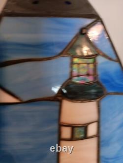 Triangular Vintage Stain Glass Shade Light House Sail Boat Blue White Green Tan