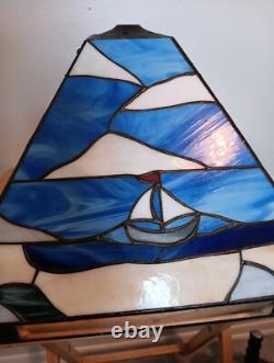 Triangular Vintage Stain Glass Shade Light House Sail Boat Blue White Green Tan