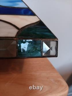 Triangular Vintage Stain Glass Shade Light House Sail Boat Blue White Green Tan