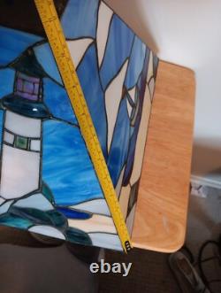 Triangular Vintage Stain Glass Shade Light House Sail Boat Blue White Green Tan