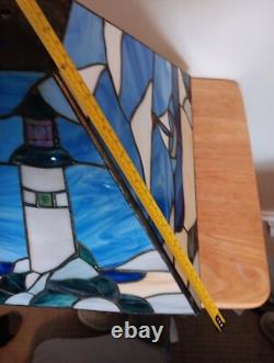 Triangular Vintage Stain Glass Shade Light House Sail Boat Blue White Green Tan