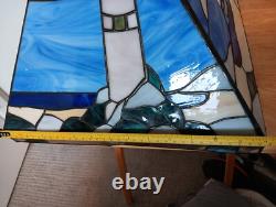 Triangular Vintage Stain Glass Shade Light House Sail Boat Blue White Green Tan