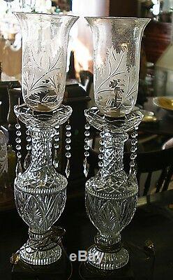 Two Vintage Leaded Crystal Glass Table Lamps & Etched Engraved Hurricane Shades