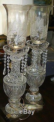 Two Vintage Leaded Crystal Glass Table Lamps & Etched Engraved Hurricane Shades