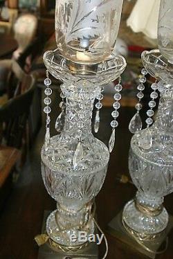 Two Vintage Leaded Crystal Glass Table Lamps & Etched Engraved Hurricane Shades