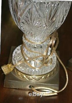 Two Vintage Leaded Crystal Glass Table Lamps & Etched Engraved Hurricane Shades