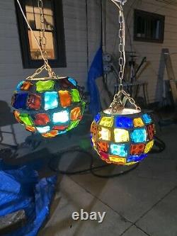 Two Vintage Mid Century Nader / Marsh Style Chunk Glass Swag Hanging Lamp Shades