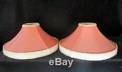 Two Vintage Reglor Deco Lamp Shades New Salmon Fabric Original Frames White Trim