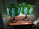 Two Lamps, A Pair Vintage Green And Blue Stained Glass Shades / With Base