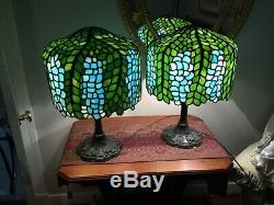 Two lamps, a Pair Vintage Green and blue Stained Glass Shades / with base