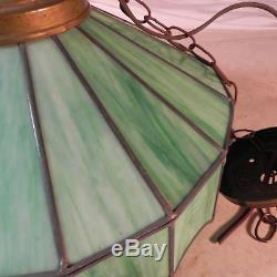 Unique Green Vintage Stained Glass Hanging / Light e LAMP & SHADE / Slag Glass