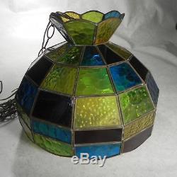 Unique Vintage Stained Glass Hanging / Light Fixture LAMP & SHADE / Slag Glass