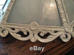 Unusual Vintage Heavy Cast Iron White Slag Glass Filigree Lamp Shade
