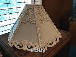 Unusual Vintage Heavy Cast Iron White Slag Glass Filigree Lamp Shade