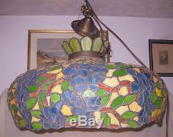 VERY LARGE STAINED GLASS 3-LIGHT VINTAGE HANGING LAMP SHADE ca. 1930s