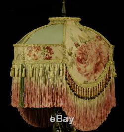 VICTORIAN SHABBY CHIC LAMPSHADE SERENE PINK ROSES SAGE SILK FABRIC VINTAGE LOOK