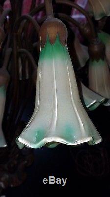 VINTAGE 18 Light TIFFANY STYLE TULIP LILY PAD Table Lamp CHAMPAGNE/GREEN Shades