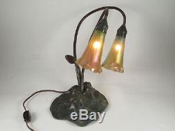 VINTAGE AMERICAN DELUXE BRONZE ART NOUVEAU LILY PAD LAMP WithTWO LUNDBERG SHADES