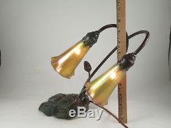 VINTAGE AMERICAN DELUXE BRONZE ART NOUVEAU LILY PAD LAMP WithTWO LUNDBERG SHADES