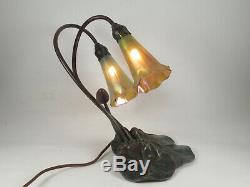 VINTAGE AMERICAN DELUXE BRONZE ART NOUVEAU LILY PAD LAMP WithTWO LUNDBERG SHADES