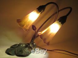 VINTAGE AMERICAN DELUXE BRONZE ART NOUVEAU LILY PAD LAMP WithTWO LUNDBERG SHADES