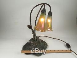 VINTAGE AMERICAN DELUXE BRONZE ART NOUVEAU LILY PAD LAMP WithTWO LUNDBERG SHADES