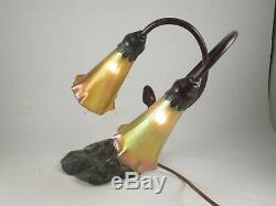 VINTAGE AMERICAN DELUXE BRONZE ART NOUVEAU LILY PAD LAMP WithTWO LUNDBERG SHADES