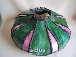 VINTAGE ANTIQUE STAIN SLAG PINK/GREEN GLASS BRASS TABLE OIL LAMP SHADE With STAND