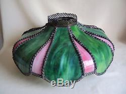 VINTAGE ANTIQUE STAIN SLAG PINK/GREEN GLASS BRASS TABLE OIL LAMP SHADE With STAND