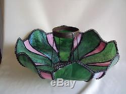 VINTAGE ANTIQUE STAIN SLAG PINK/GREEN GLASS BRASS TABLE OIL LAMP SHADE With STAND