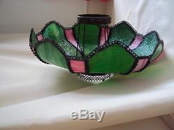 VINTAGE ANTIQUE STAIN SLAG PINK/GREEN GLASS BRASS TABLE OIL LAMP SHADE With STAND